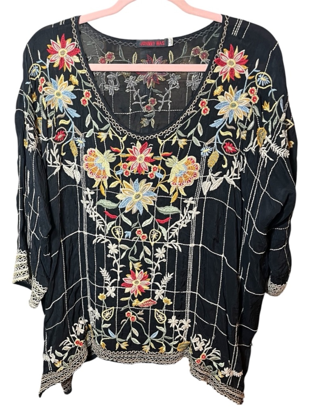 Johnny Was Embroidered Black Floral Boho Blouse Size L